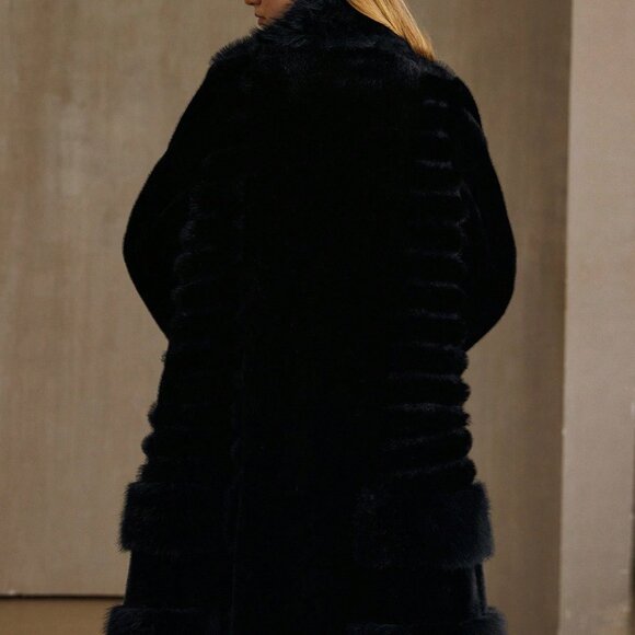 Black Casual Women's Faux Mink Long Over-The-Knee Coat - Picture 2 of 8